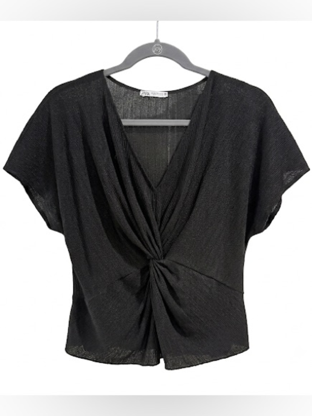 Zara Black Shimmer Twist Front Cropped Top S Elevated Basic